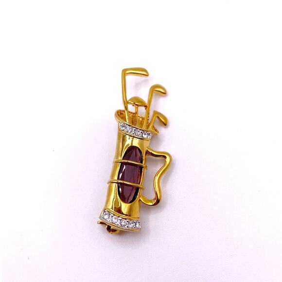 Vntg Gold Tone Golf Bag Brooch With Rhinestones and Purple Glass Stone Accent - Picture 3 of 6